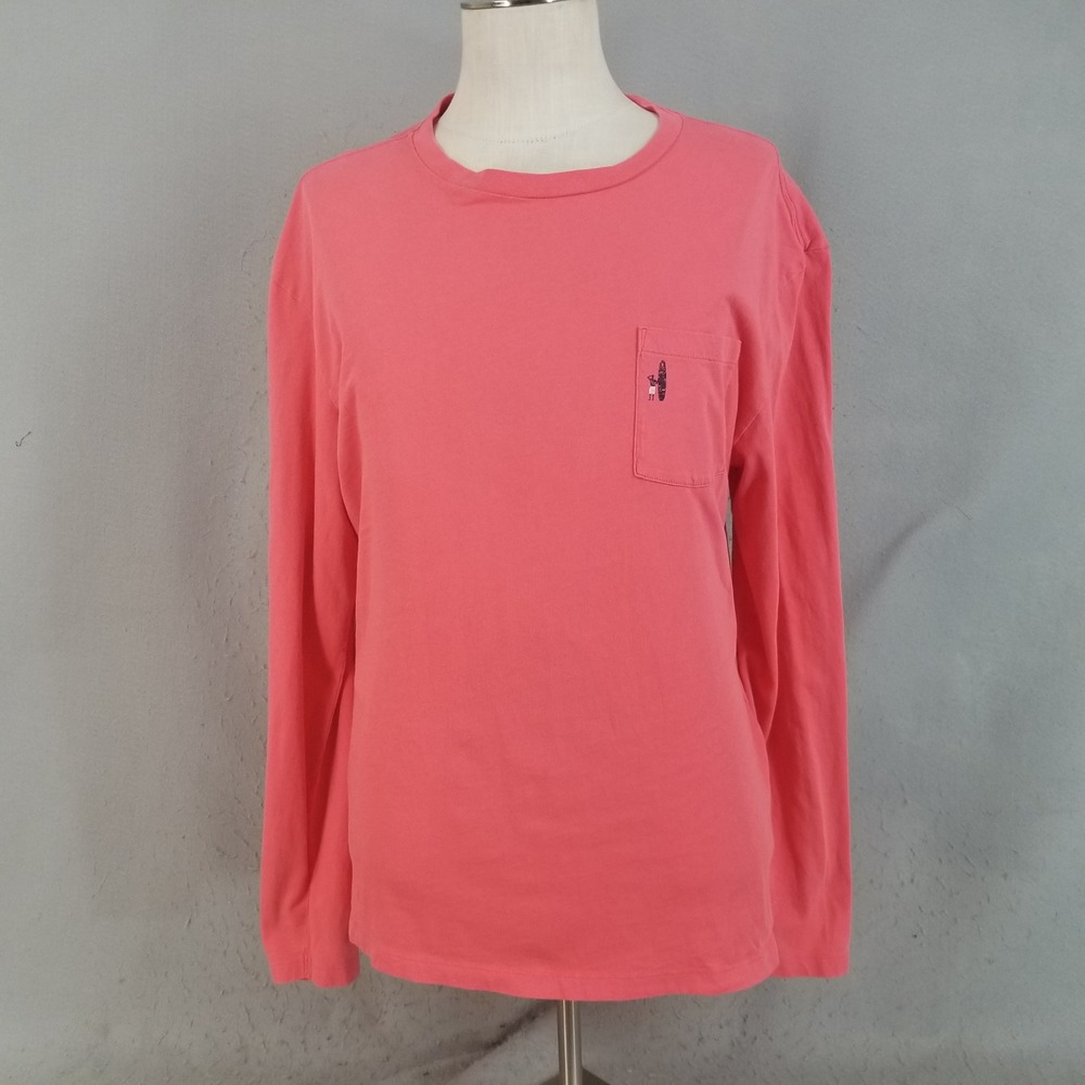Johnnie-O T-Shirt Mens XL Pink Long Sleeve Pocket Surfer Graphic Santa Monica